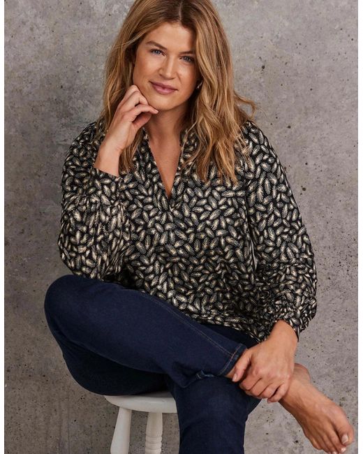 Live Unlimited London Brown Feather Print Nehru Collar Tunic