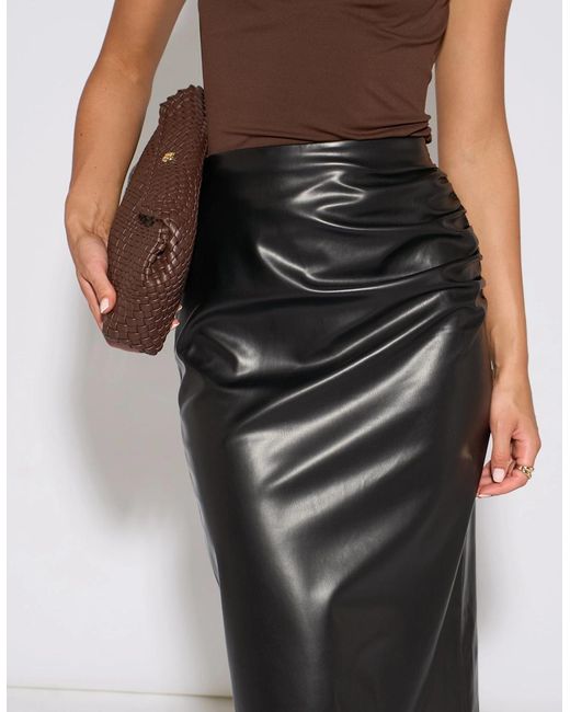 Gini London Black Faux Leather Ruched Side Pencil Skirt
