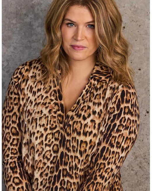 Live Unlimited London Brown Animal Print Long Sleeve Jersey Polo Neck Top