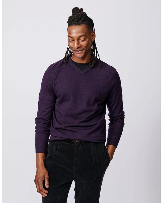 aubi Blue Burnham Extra Fine Merino V-Neck for men