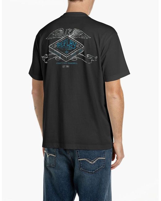 Replay Black Relaxed Fit T-Shirt Industrial Print for men
