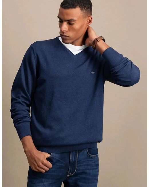Fynch-Hatton Blue Fine Knit V-Neck Cotton Knit Night for men