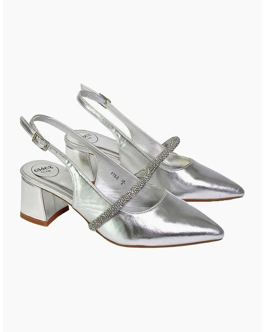 XY London White Ladies Sandie Diamante Pointed Medium Block Heel High Heels
