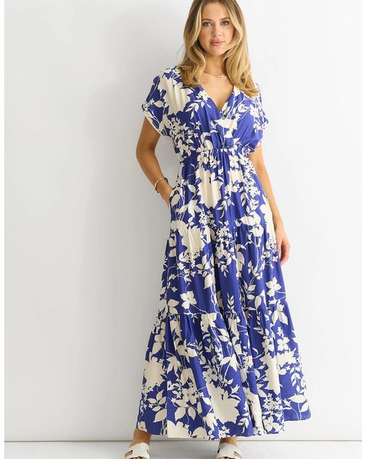 Gini London Blue Floral Elastic Waist Maxi Dress