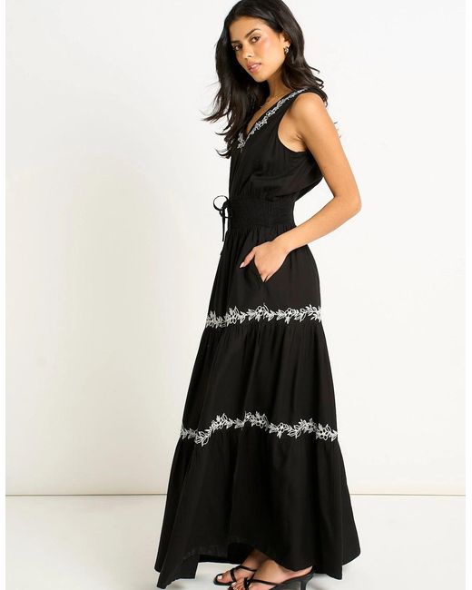 Gini London Black Floral Embroidery Tiered Maxi Dress