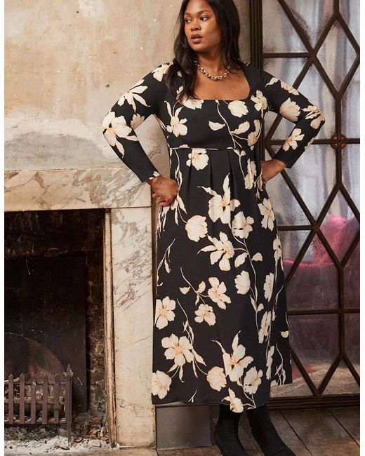 Live Unlimited London Brown Floral Square Neck Midaxi Dress