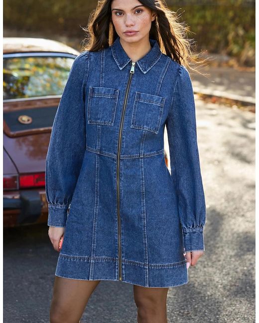 Ro&zo Blue Petite Denim Zip Front Mini Dress