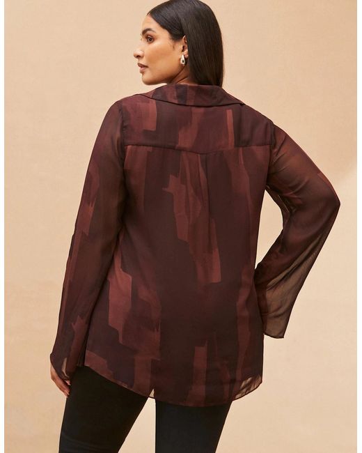 Live Unlimited London Brown Chocolate Abstract Print V Neck Collared Tunic