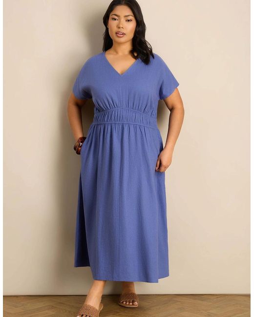 Live Unlimited London Blue Petite Linen Blend V-Neck Waist Detail Midaxi Dress