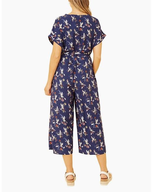 Yumi' Blue Crane Print Collared Culotte Jumpsuit
