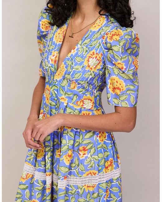Ro&zo Blue Floral Print Trim Insert Dress
