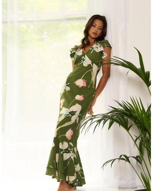 Gini London Green Floral Ruffle Maxi Dress
