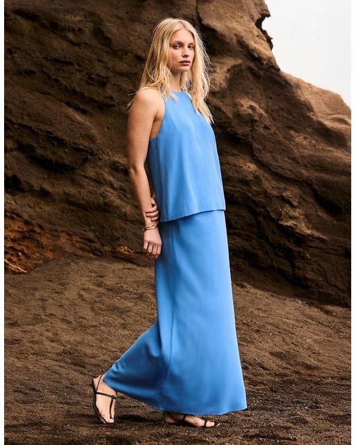 Ro&zo Blue Petite Linen Blend Bias Skirt