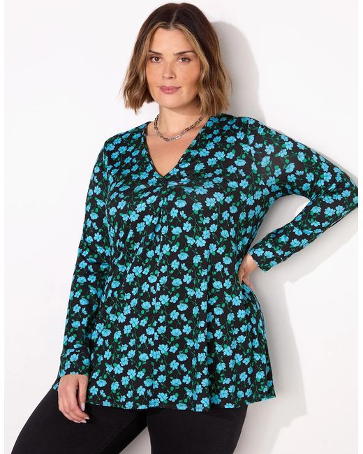 Live Unlimited London Blue Ditsy Pleat Front Jersey Top