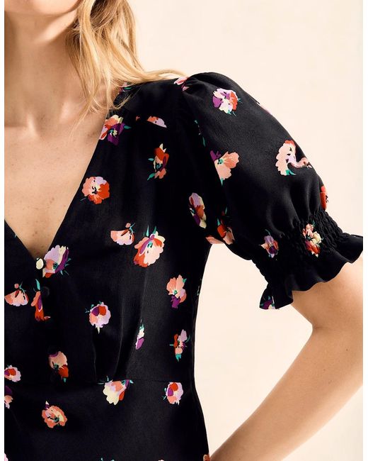 Ro&zo Black Pansy Print Shirred Cuff Midi Dress