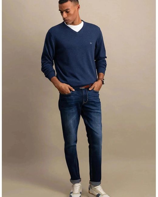 Fynch-Hatton Blue Fine Knit V-Neck Cotton Knit Night for men