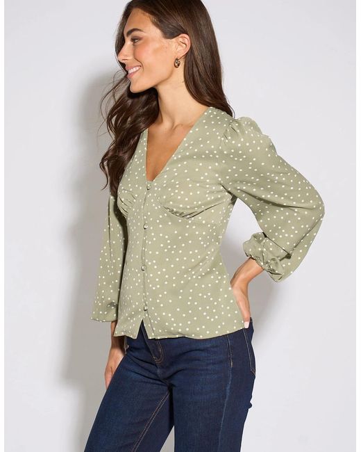 Gini London Green V Neck Spot Print Button Front Blouse