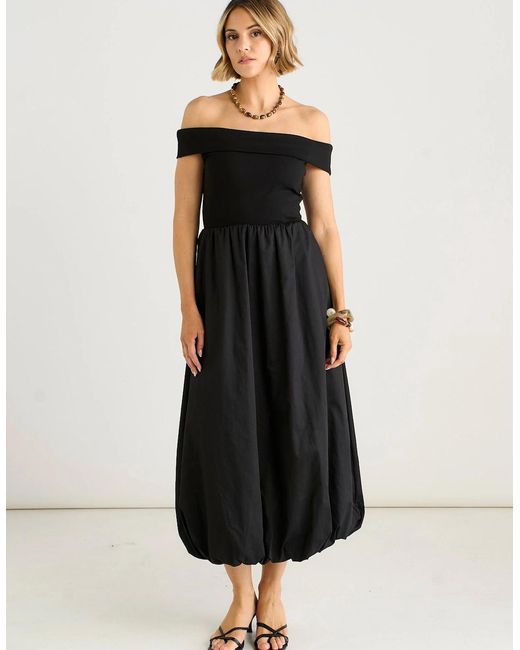 Gini London Black Bardot Jersey Mix Bubble Hem Midi Dress