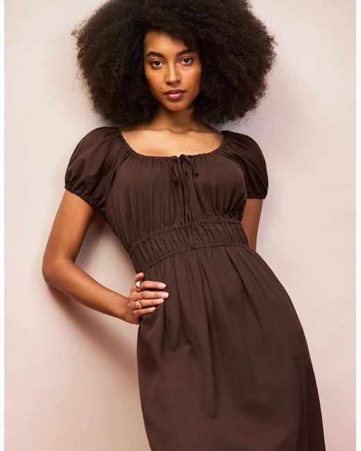 Ro&zo Brown Petite Gathered Neck Cotton Dress
