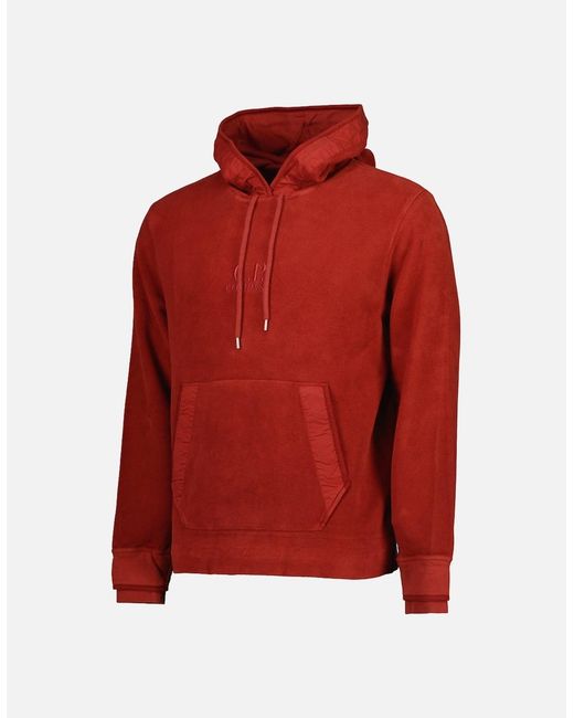 C P Company Red Brushed Fleece Logo Hoodie for men