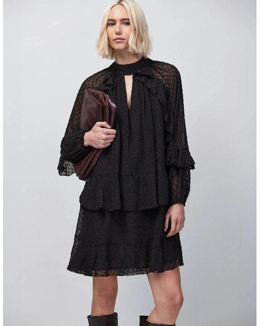 Ro&zo Black Dobby Ruffle Short Dress