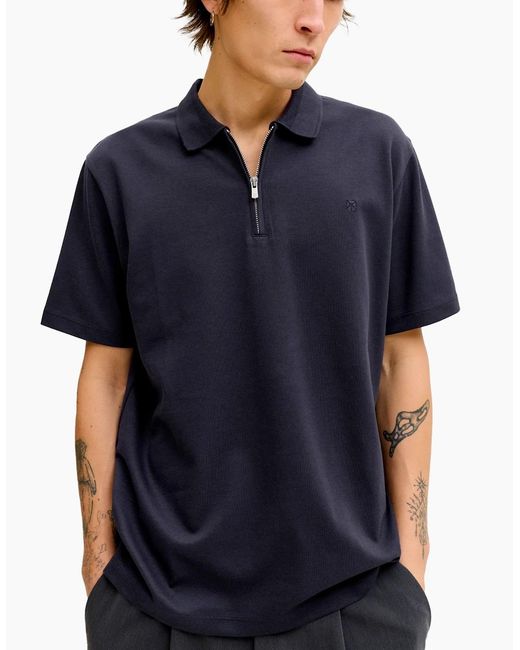 Jack & Jones Blue Jprblaethan Short Sleeve Zip Polo Night Sky for men