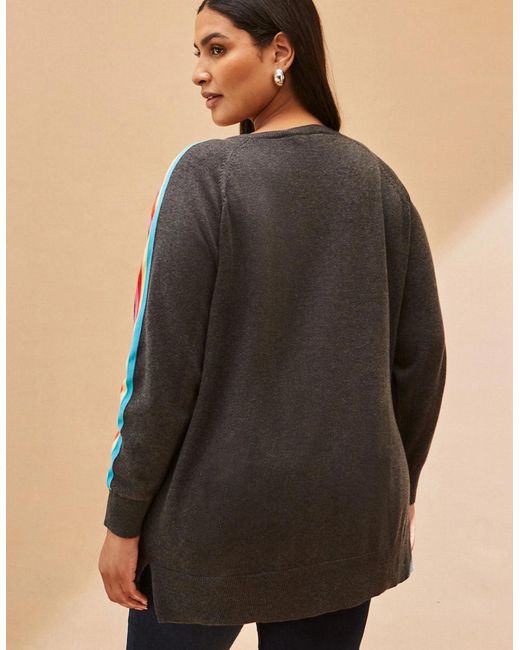 Live Unlimited London Gray Knit V-Neck Contrast Stripe Jumper