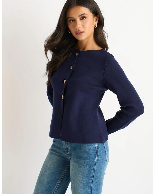 Gini London Blue Buttons Ribbed Knit Cardigan
