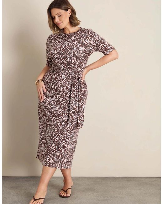 Live Unlimited London Natural Abstract Print Tie Side Jersey Midaxi Dress