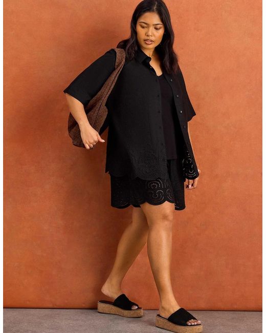 Live Unlimited London Black Linen Blend Broderie Shorts