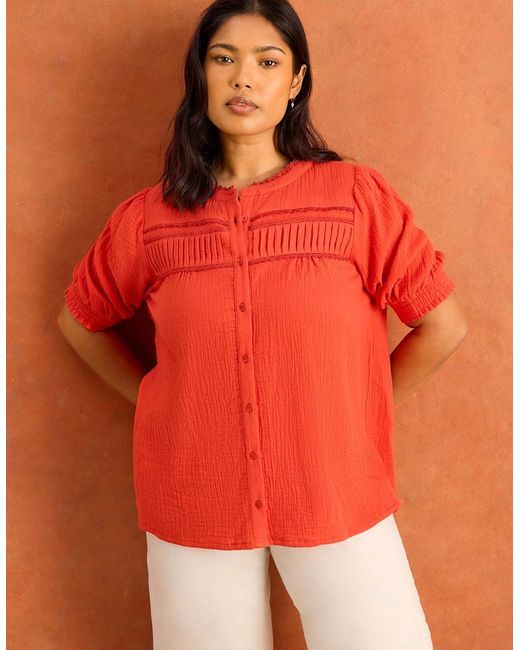 Live Unlimited London Orange Cheesecloth Pintuck Detail Short Sleeve Blouse