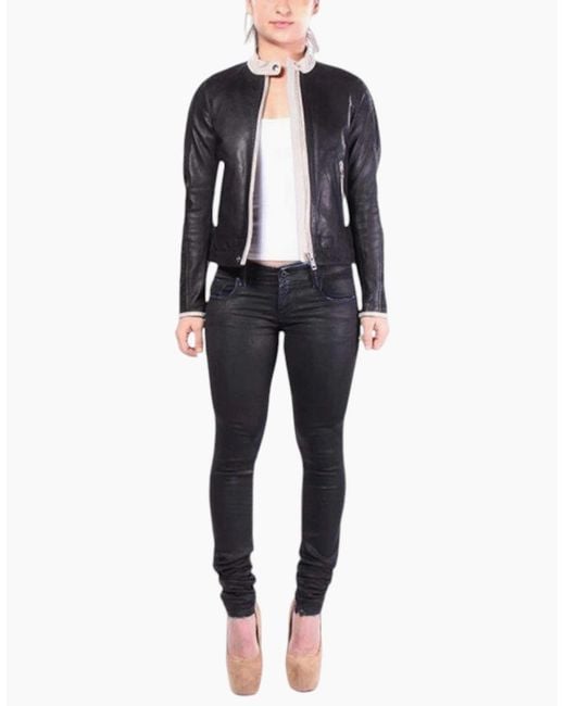DIESEL Blue L Gin Leather Jacket Long Sleeve Cafe Racer Ladies Biker Zip Coat
