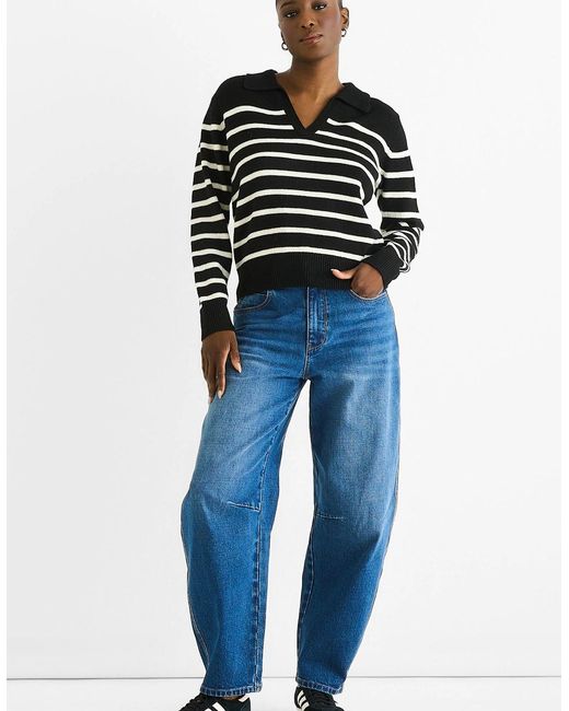 Gini London Blue Recycle Mix Stripe V Neck Collar Knit Jumper