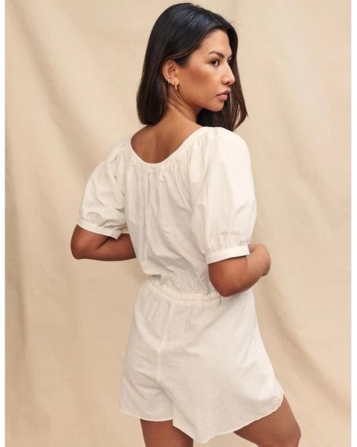 Nobody's Child Natural Drawstring Short Puff Sleeve Solid Patterned Playsuit