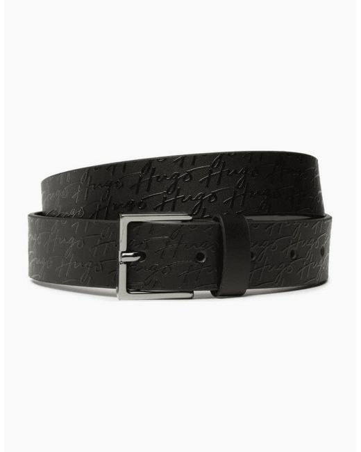 Boss Black Handwritten Allover Logo Buckle Leather Belt for men