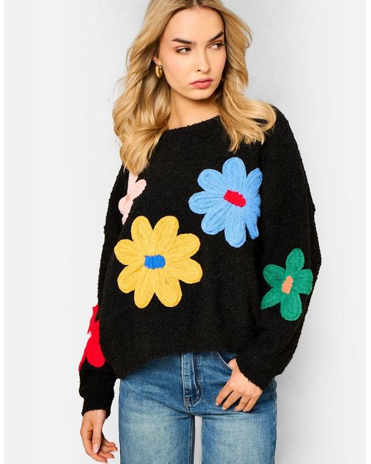 Gini London Blue 3D Flower Crochet Knitted Jumper