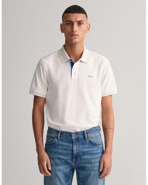 Gant White Regular Fit Short Sleeve Contrast Pique Rugger for men