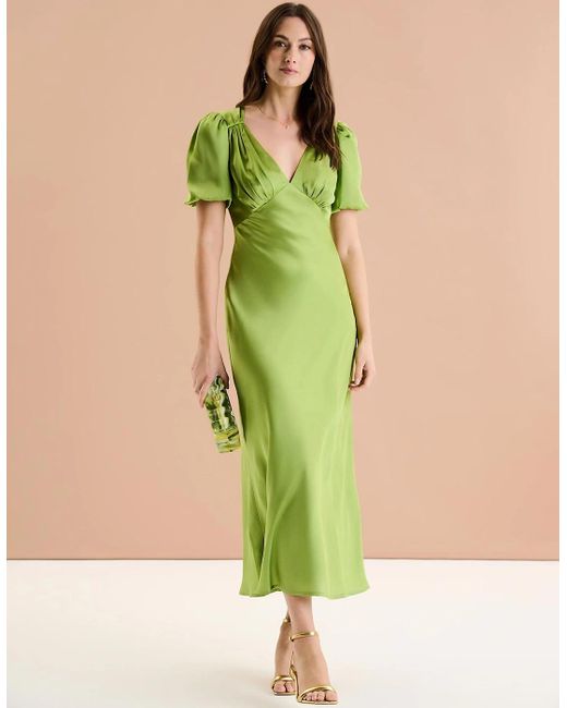 OMNES Green Rosie Ruched Puff Sleeve Dress