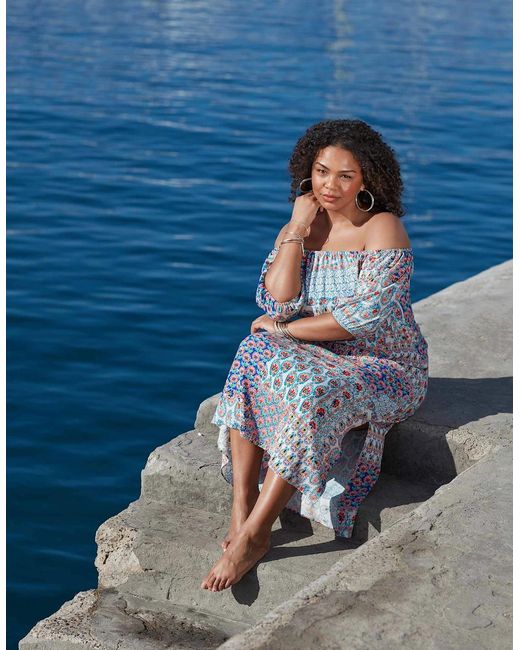 Live Unlimited London Blue Mosaic Print Bardot Maxi Dress