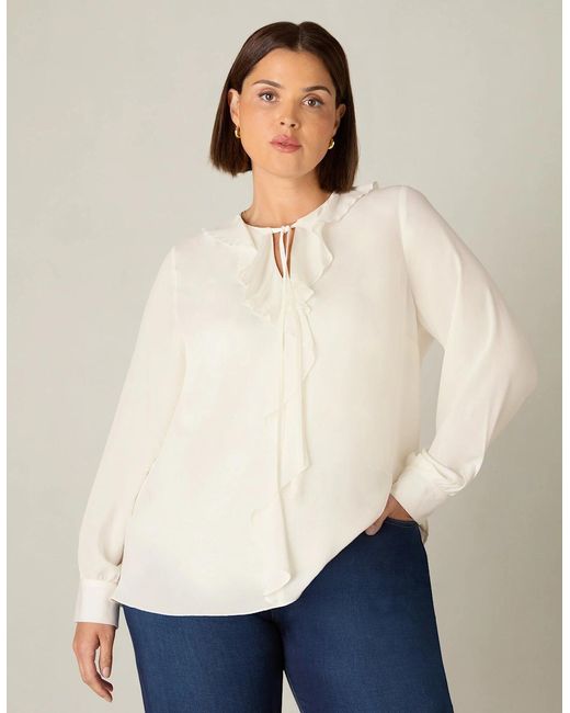 Live Unlimited London Natural Ivory Ruffle Front Blouse