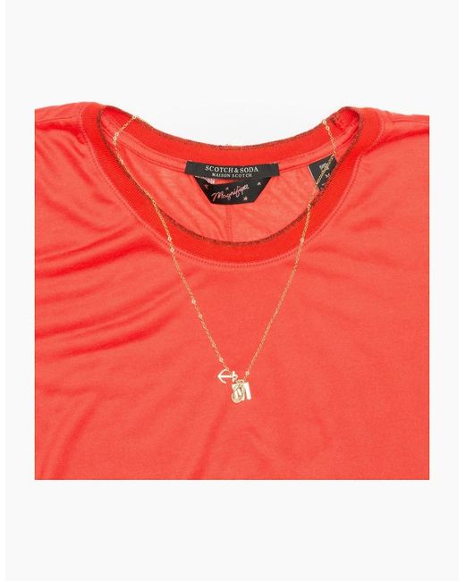 Maison Scotch Red Short Sleeve Lurex Rib Detailed Tee