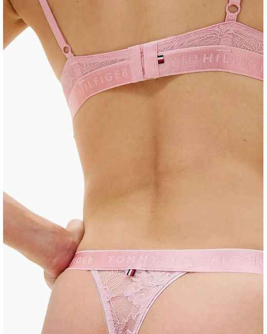 Tommy Hilfiger Pink Repeat Logo Floral Lace Tanga Thong, Bonita