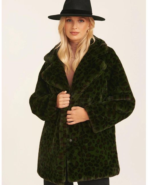 Gini London Green Khaki Leopard Print Faux Fur Coat Jacket
