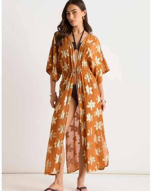 Gini London Orange Floral Lurex Tie Front Kaftan Kimono