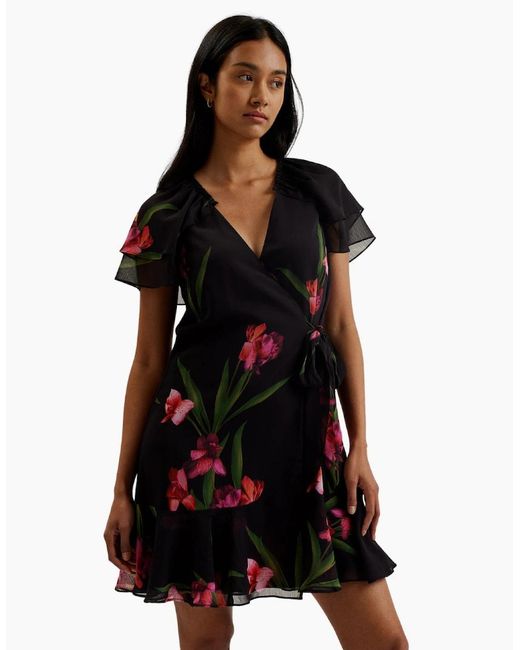 Ted Baker Black Fascia Angel Sleeve Wrap Mini Dress