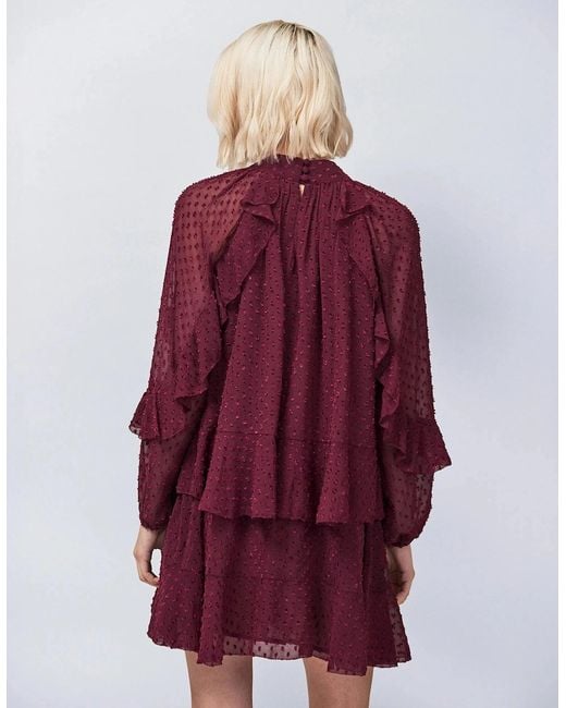 Ro&zo Red Burgundy Dobby Ruffle Short Dress