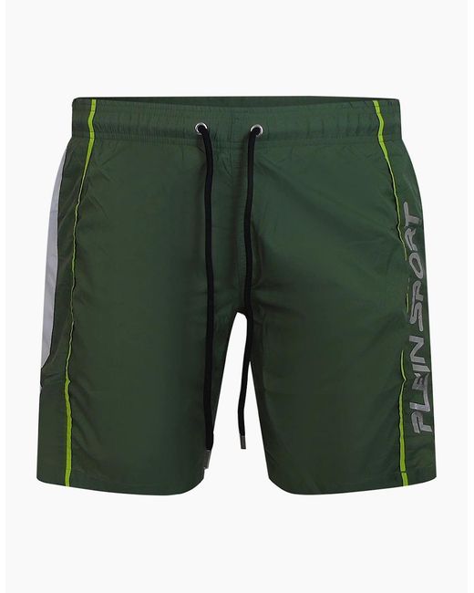 Philipp Plein Green Plein Sport Vertical Logo Long Boardshort Swim Shorts