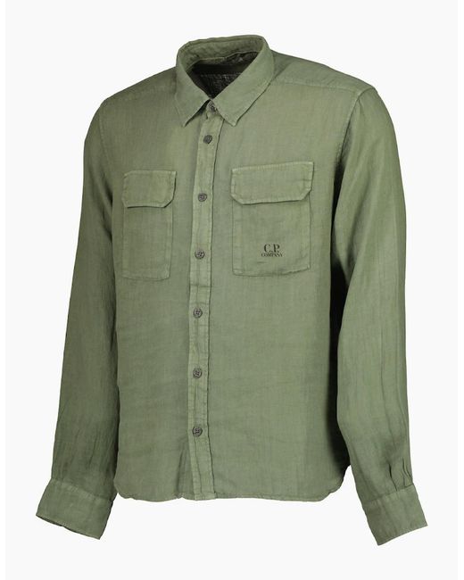 C P Company Green Long Sleeve Linen Overshirt for men