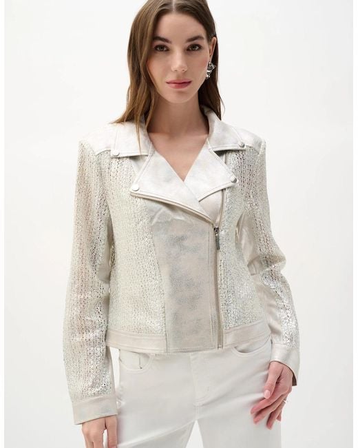 Joseph Ribkoff Natural Faux Suede Foiled Knit Moto Jacket