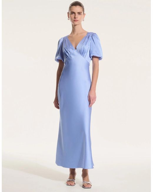 OMNES Blue Rosie Ruched Puff Sleeve Dress